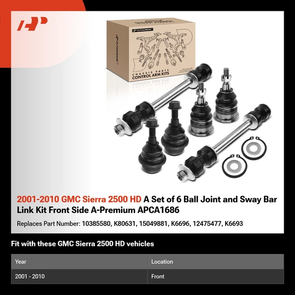 2001-2010 GMC Sierra 2500 HD A Set of 6 Ball Joint and Sway Bar Link Kit Front Side A-Premium APCA1686