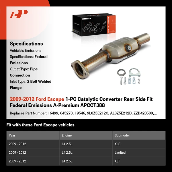 2009-2012 Ford Escape 1-PC Catalytic Converter Rear Side Fit Federal Emissions A-Premium APCCT388
