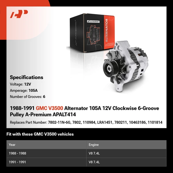1988-1991 GMC V3500 Alternator 105A 12V Clockwise 6-Groove Pulley A-Premium APALT414