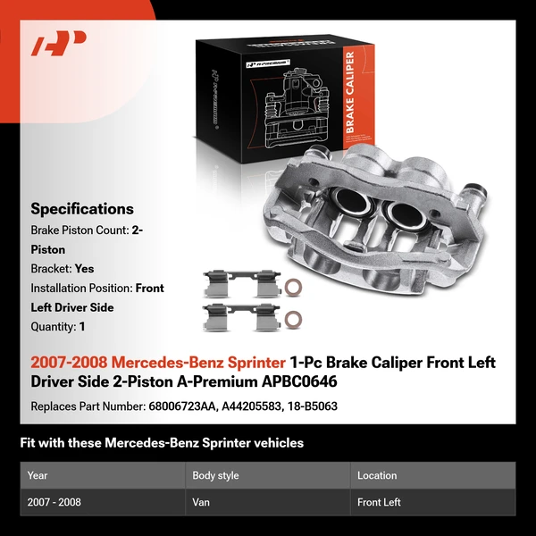 2007-2008 Mercedes-Benz Sprinter 1-Pc Brake Caliper Front Left Driver Side 2-Piston A-Premium APBC0646