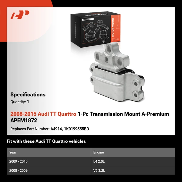 2008-2015 Audi TT Quattro 1-Pc Transmission Mount A-Premium APEM1872