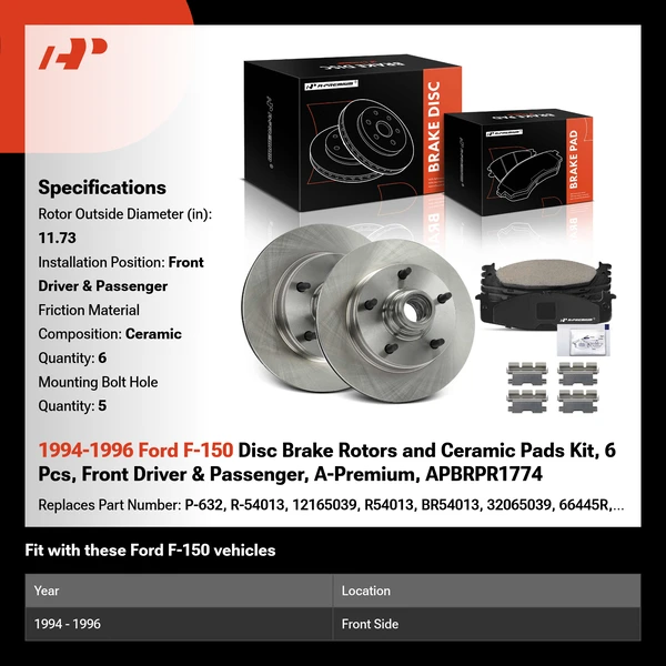 1994-1996 Ford F-150 Disc Brake Rotors and Ceramic Pads Kit, 6 Pcs, Front Driver & Passenger, A-Premium, APBRPR1774
