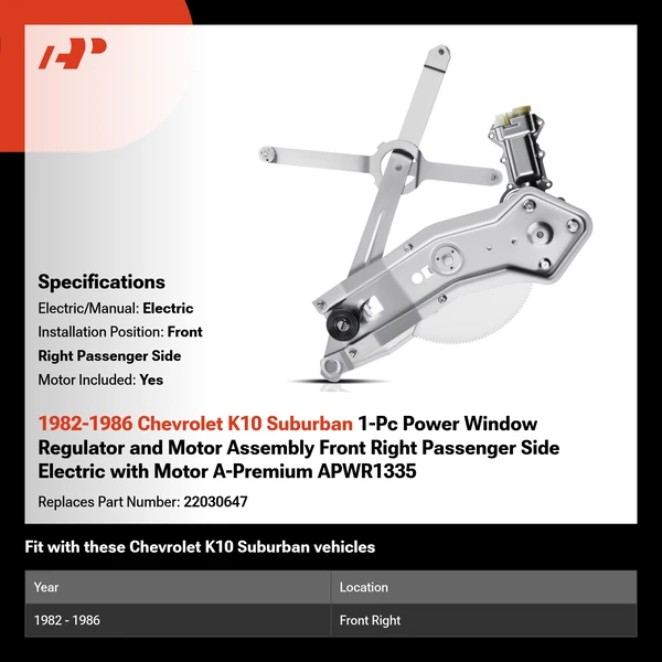 1982-1986 Chevrolet K10 Suburban 1-Pc Power Window Regulator and Motor Assembly Front Right Passenger Side Electric with Motor A-Premium APWR1335