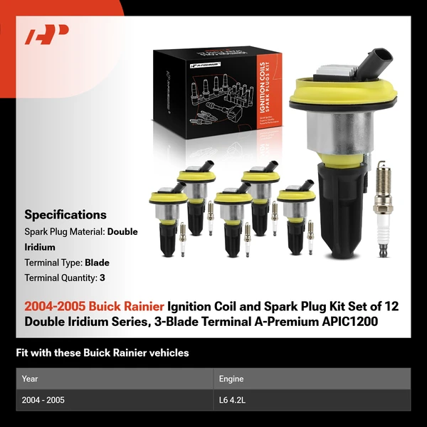 2004-2005 Buick Rainier Ignition Coil and Spark Plug Kit Set of 12 Double Iridium Series, 3-Blade Terminal A-Premium APIC1200