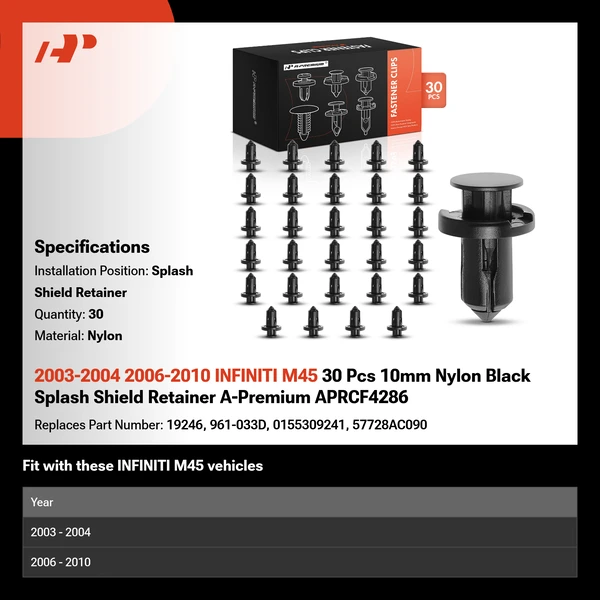 2003-2004 2006-2010 INFINITI M45 30 Pcs 10mm Nylon Black Splash Shield Retainer A-Premium APRCF4286