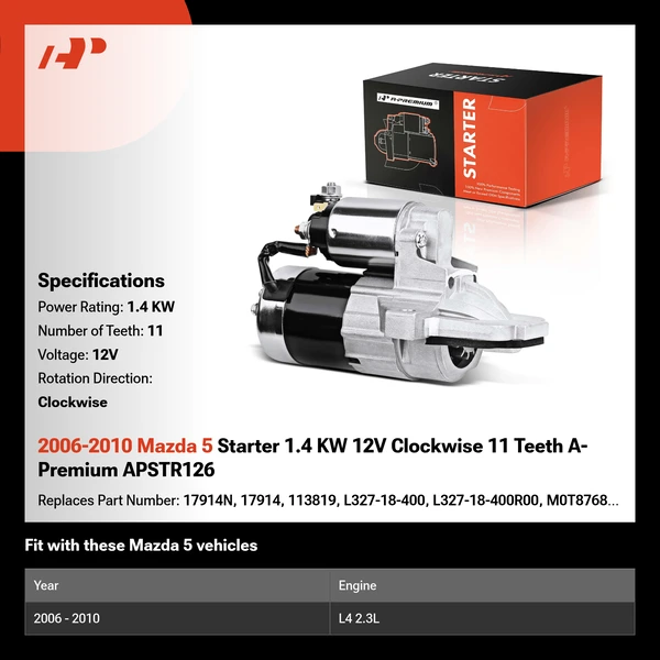 2006-2010 Mazda 5 Starter 1.4 KW 12V Clockwise 11 Teeth A-Premium APSTR126