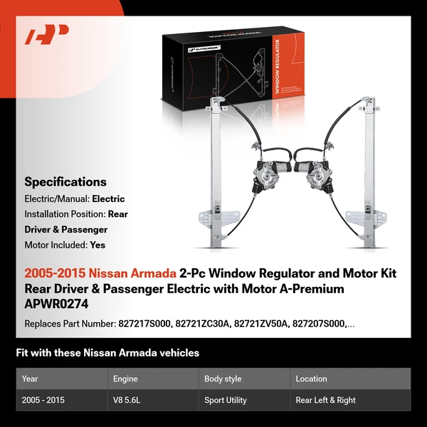 2005-2015 Nissan Armada 2-Pc Window Regulator and Motor Kit Rear Driver & Passenger Electric with Motor A-Premium APWR0274