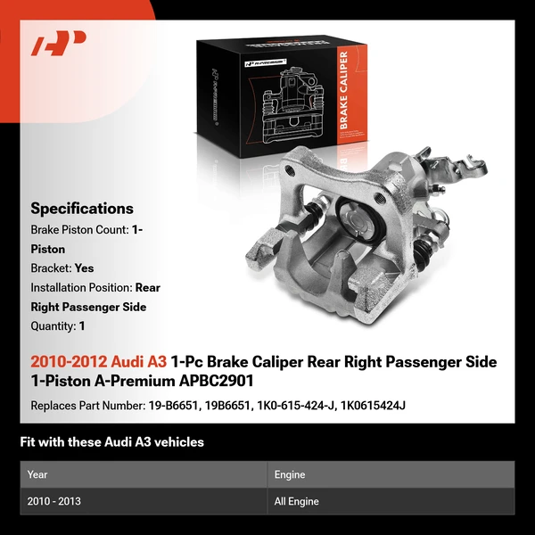 2010-2012 Audi A3 1-Pc Brake Caliper Rear Right Passenger Side 1-Piston A-Premium APBC2901