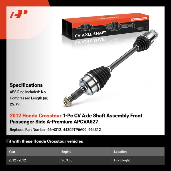 2012 Honda Crosstour 1-Pc CV Axle Shaft Assembly Front Passenger Side A-Premium APCVA627