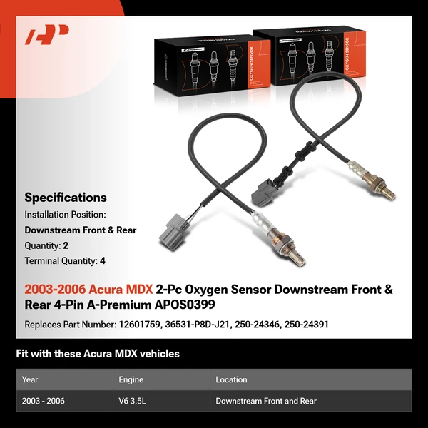 2003-2006 Acura MDX 2-Pc Oxygen Sensor Downstream Front & Rear 4-Pin A-Premium APOS0399