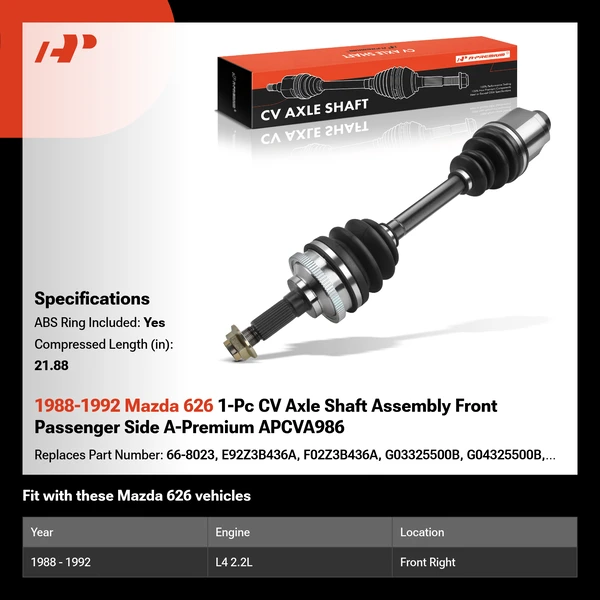 1988-1992 Mazda 626 1-Pc CV Axle Shaft Assembly Front Passenger Side A-Premium APCVA986