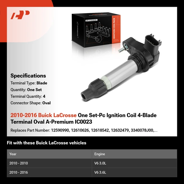 2010-2016 Buick LaCrosse One Set-Pc Ignition Coil 4-Blade Terminal Oval A-Premium IC0023