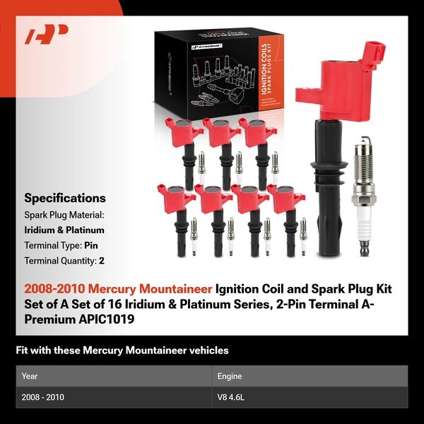 2008-2010 Mercury Mountaineer Ignition Coil and Spark Plug Kit Set of A Set of 16 Iridium & Platinum Series, 2-Pin Terminal A-Premium APIC1019