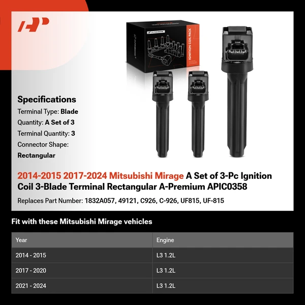 2014-2015 2017-2024 Mitsubishi Mirage A Set of 3-Pc Ignition Coil 3-Blade Terminal Rectangular A-Premium APIC0358