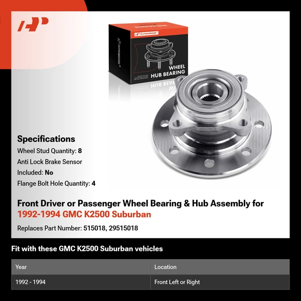 Front Driver or Passenger Wheel Bearing & Hub Assembly for 1992-1994 GMC K2500 Suburban
