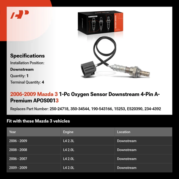 2006-2009 Mazda 3 1-Pc Oxygen Sensor Downstream 4-Pin A-Premium APOS0013