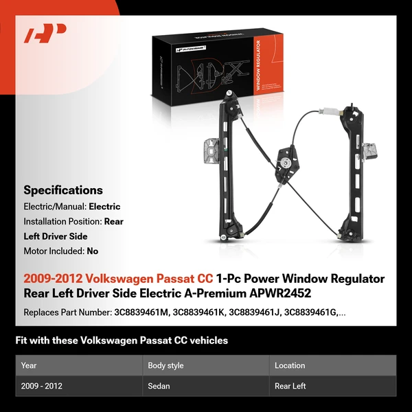 2009-2012 Volkswagen Passat CC 1-Pc Power Window Regulator Rear Left Driver Side Electric A-Premium APWR2452