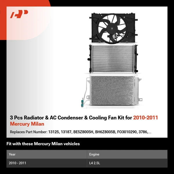 3 Pcs Radiator & AC Condenser & Cooling Fan Kit for 2010-2011 Mercury Milan