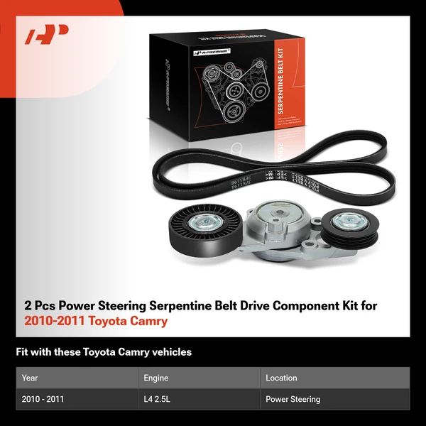 2 Pcs Power Steering Serpentine Belt Drive Component Kit for 2010-2011 Toyota Camry