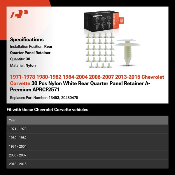 1971-1978 1980-1982 1984-2004 2006-2007 2013-2015 Chevrolet Corvette 30 Pcs Nylon White Rear Quarter Panel Retainer A-Premium APRCF2571
