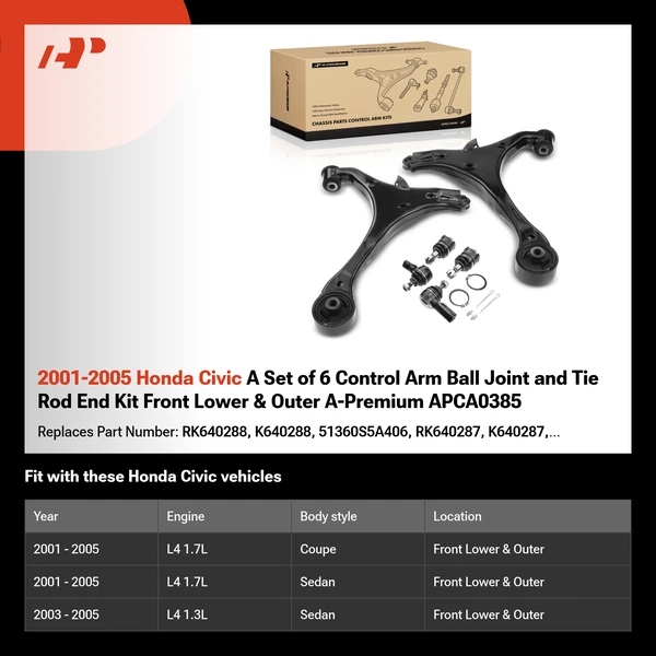 2001-2005 Honda Civic A Set of 6 Control Arm Ball Joint and Tie Rod End Kit Front Lower & Outer A-Premium APCA0385
