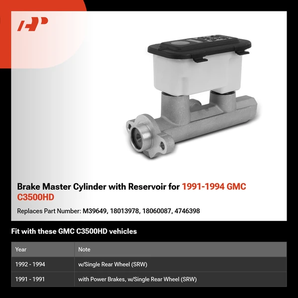 Brake Master Cylinder with Reservoir for 1991-1994 GMC C3500HD
