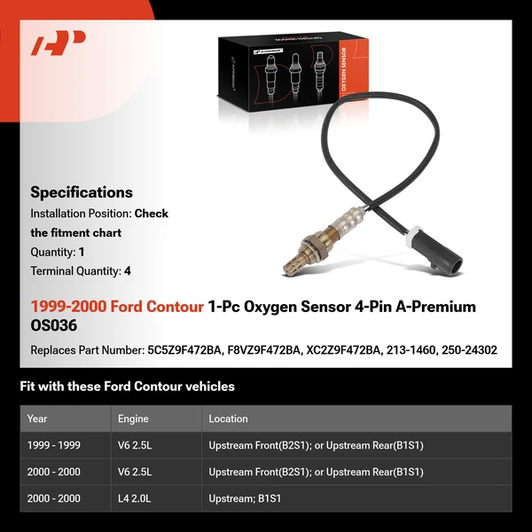 1999-2000 Ford Contour 1-Pc Oxygen Sensor 4-Pin A-Premium OS036