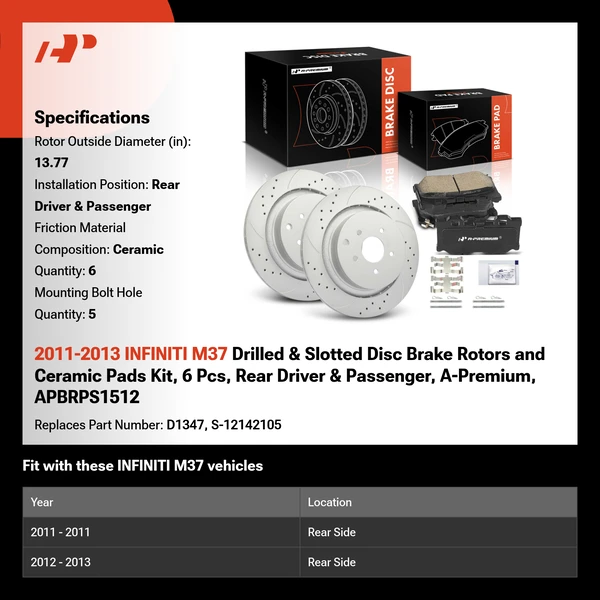 2011-2013 INFINITI M37 Drilled & Slotted Disc Brake Rotors and Ceramic Pads Kit, 6 Pcs, Rear Driver & Passenger, A-Premium, APBRPS1512