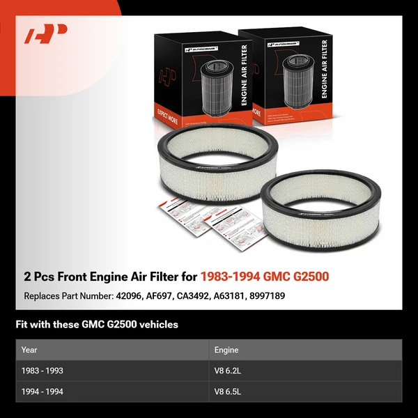 2 Pcs Front Engine Air Filter for 1983-1994 GMC G2500