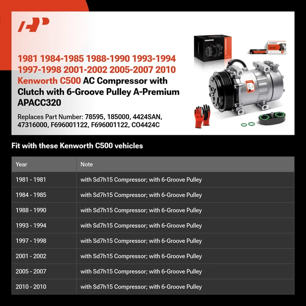 1981 1984-1985 1988-1990 1993-1994 1997-1998 2001-2002 2005-2007 2010 Kenworth C500 AC Compressor with Clutch with 6-Groove Pulley A-Premium APACC320