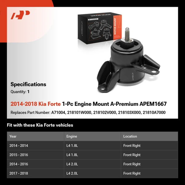 2014-2018 Kia Forte 1-Pc Engine Mount A-Premium APEM1667
