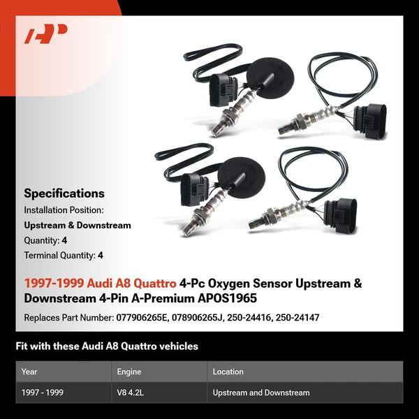 1997-1999 Audi A8 Quattro 4-Pc Oxygen Sensor Upstream & Downstream 4-Pin A-Premium APOS1965