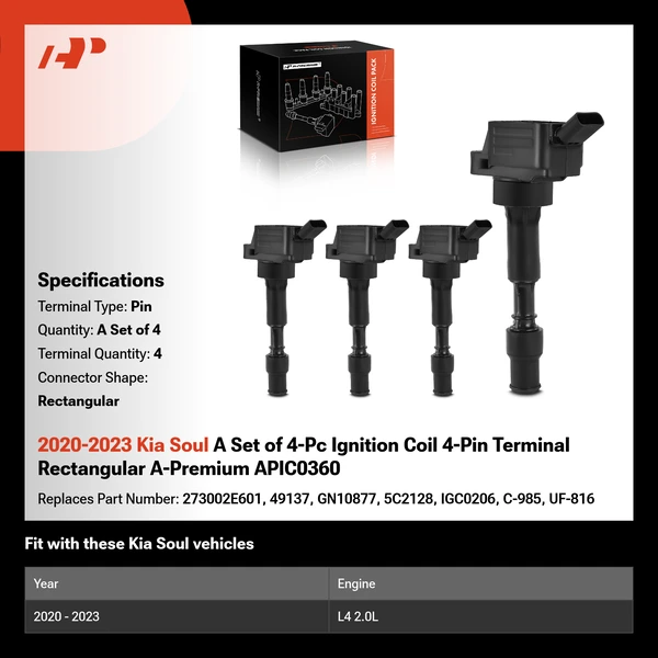 2020-2023 Kia Soul A Set of 4-Pc Ignition Coil 4-Pin Terminal Rectangular A-Premium APIC0360
