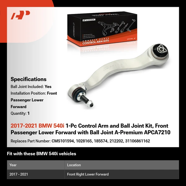 2017-2021 BMW 540i 1-Pc Control Arm and Ball Joint Kit, Front Passenger Lower Forward with Ball Joint A-Premium APCA7210