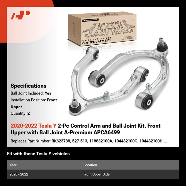 2020-2022 Tesla Y 2-Pc Control Arm and Ball Joint Kit, Front Upper with Ball Joint A-Premium APCA6499