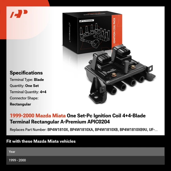 1999-2000 Mazda Miata One Set-Pc Ignition Coil 4+4-Blade Terminal Rectangular A-Premium APIC0204
