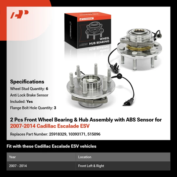 2 Pcs Front Wheel Bearing & Hub Assembly with ABS Sensor for 2007-2014 Cadillac Escalade ESV