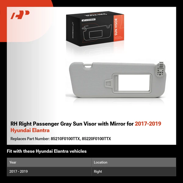 RH Right Passenger Gray Sun Visor with Mirror for 2017-2019 Hyundai Elantra