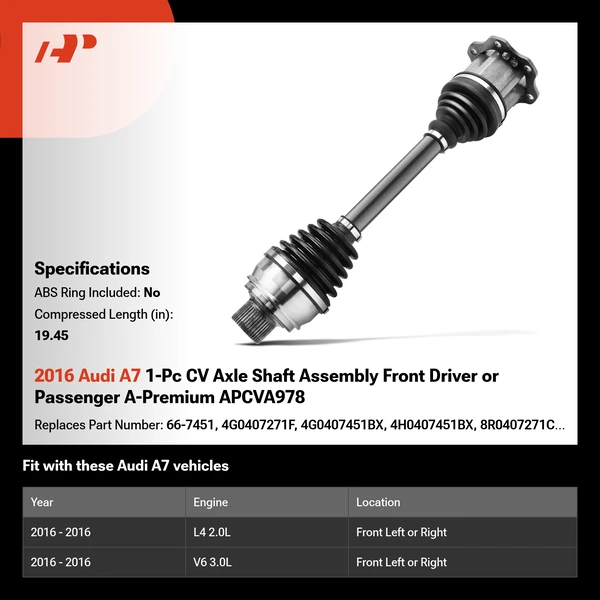 2016 Audi A7 1-Pc CV Axle Shaft Assembly Front Driver or Passenger A-Premium APCVA978