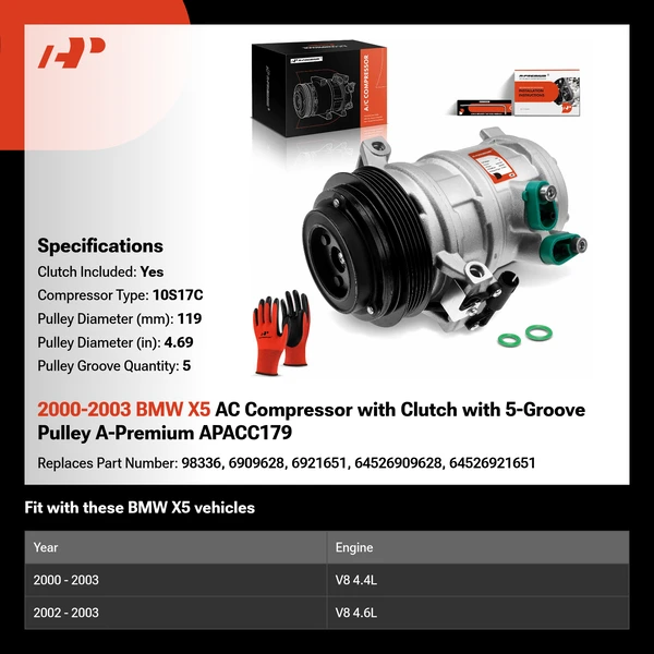 2000-2003 BMW X5 AC Compressor with Clutch with 5-Groove Pulley A-Premium APACC179