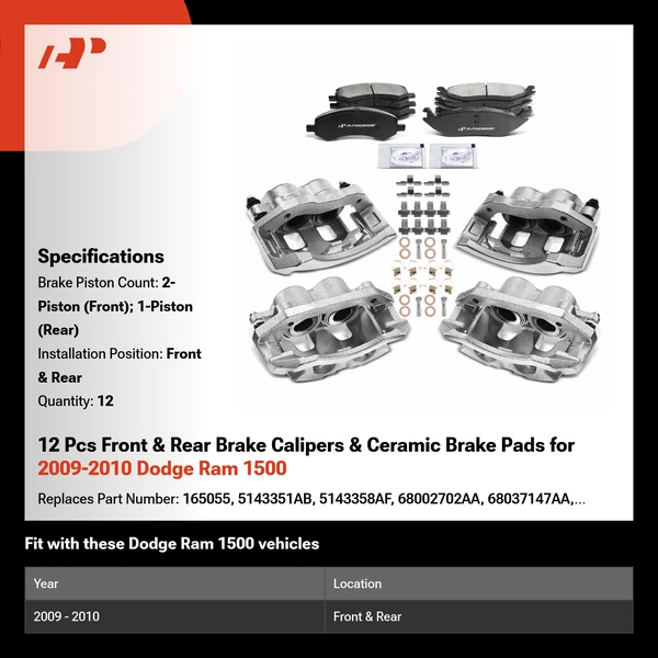 12 Pcs Front & Rear Brake Calipers & Ceramic Brake Pads for 2009-2010 Dodge Ram 1500