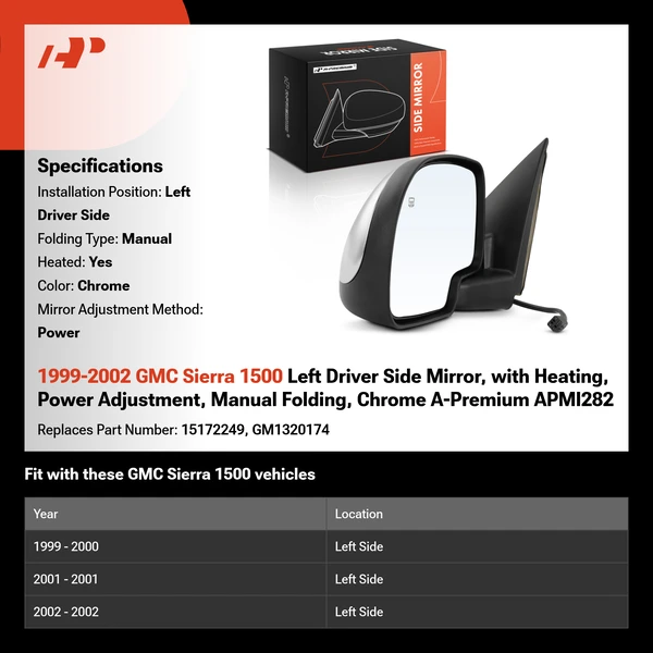 1999-2002 GMC Sierra 1500 Left Driver Side Mirror, with Heating, Power Adjustment, Manual Folding, Chrome A-Premium APMI282