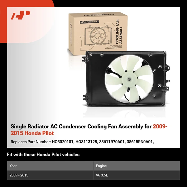 Single Radiator AC Condenser Cooling Fan Assembly for 2009-2015 Honda Pilot
