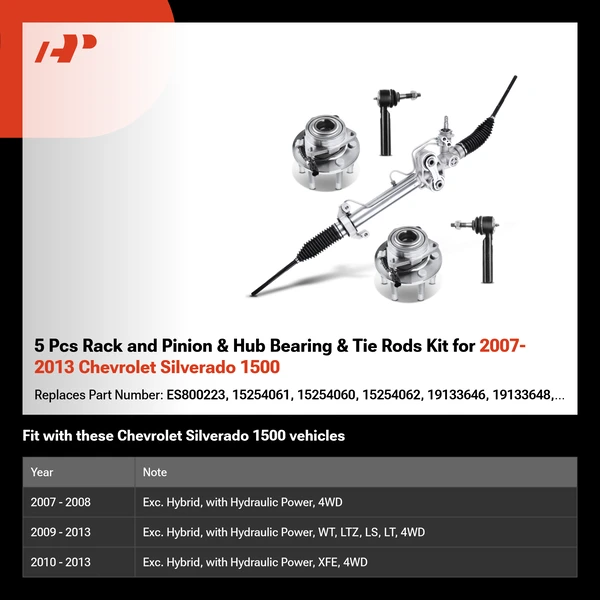 5 Pcs Rack and Pinion & Hub Bearing & Tie Rods Kit for 2007-2013 Chevrolet Silverado 1500