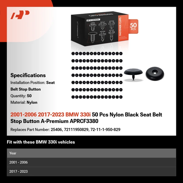 2001-2006 2017-2023 BMW 330i 50 Pcs Nylon Black Seat Belt Stop Button A-Premium APRCF3380