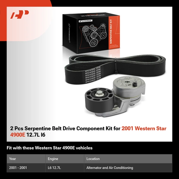 2 Pcs Serpentine Belt Drive Component Kit for 2001 Western Star 4900E 12.7L l6