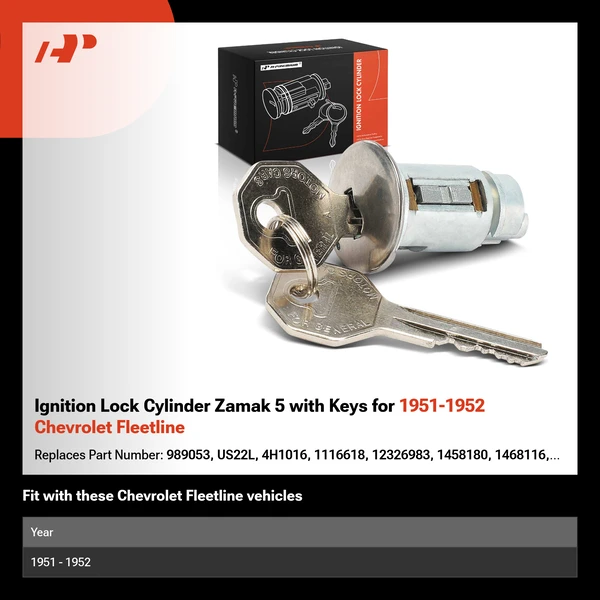 Ignition Lock Cylinder Zamak 5 with Keys for 1951-1952 Chevrolet Fleetline