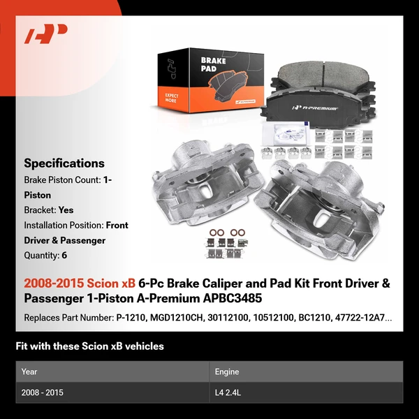 2008-2015 Scion xB 6-Pc Brake Caliper and Pad Kit Front Driver & Passenger 1-Piston A-Premium APBC3485