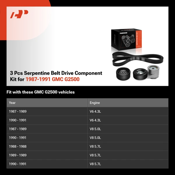 3 Pcs Serpentine Belt Drive Component Kit for 1987-1991 GMC G2500
