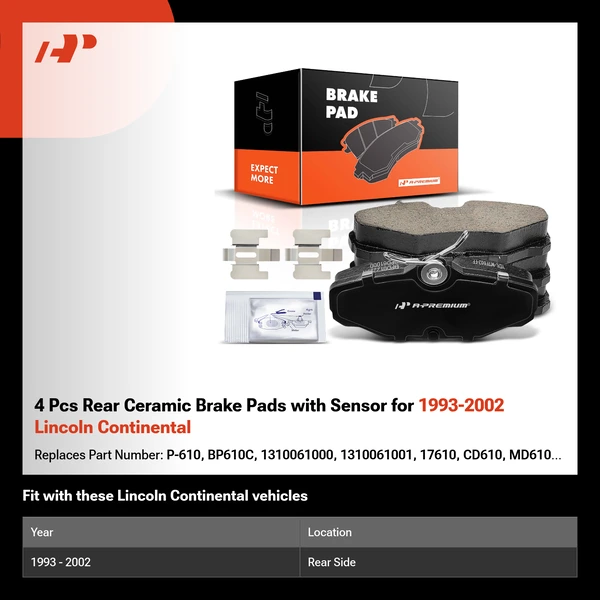 4 Pcs Rear Ceramic Brake Pads with Sensor for 1993-2002 Lincoln Continental